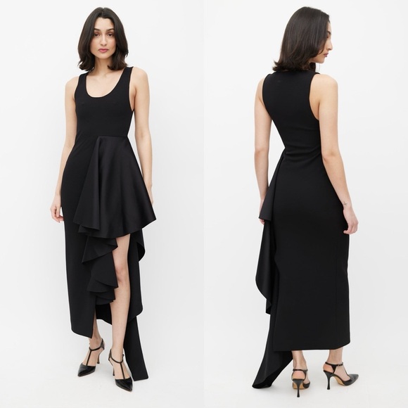 SOLACE LONDON Naya Satin Side Asymmetric Ruffle Maxi Dress Black Sz XS - Picture 8 of 11